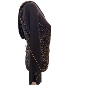 Beija Brazil Embroidered Boho Hoodie Black Gold Lightweight V-Neck Pullover S
